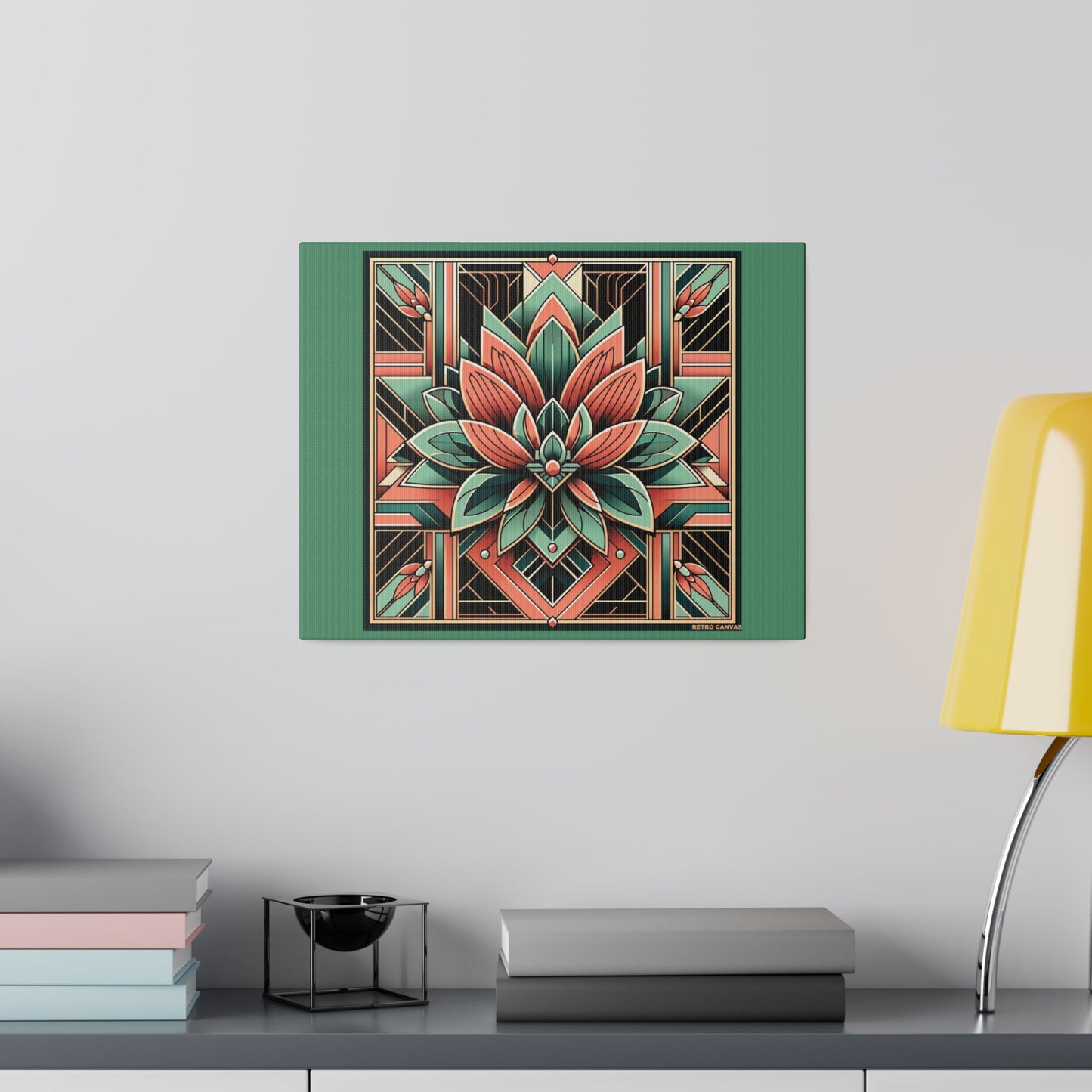 Lotus Art Deco Wall Art on Green Stretched Canvas