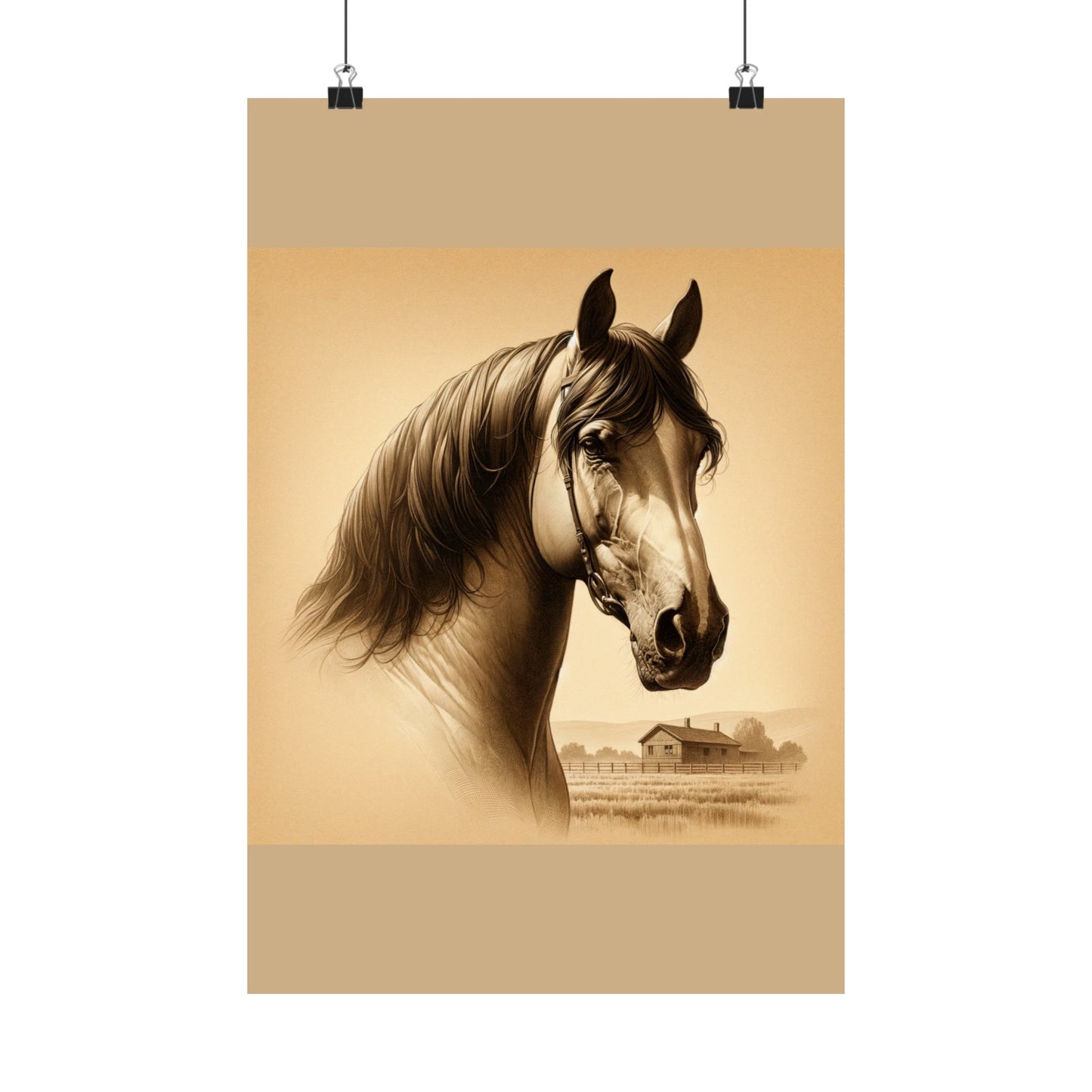 Décoration murale animalière cheval pour chambre d'enfant - Affiche mate beige