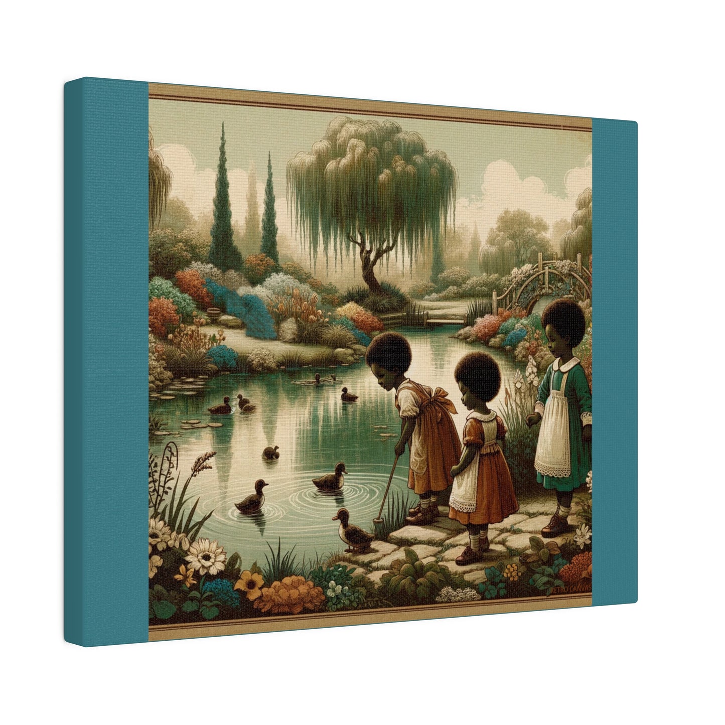 Children at the Pond - Vintage Green Matte Stretched Canvas