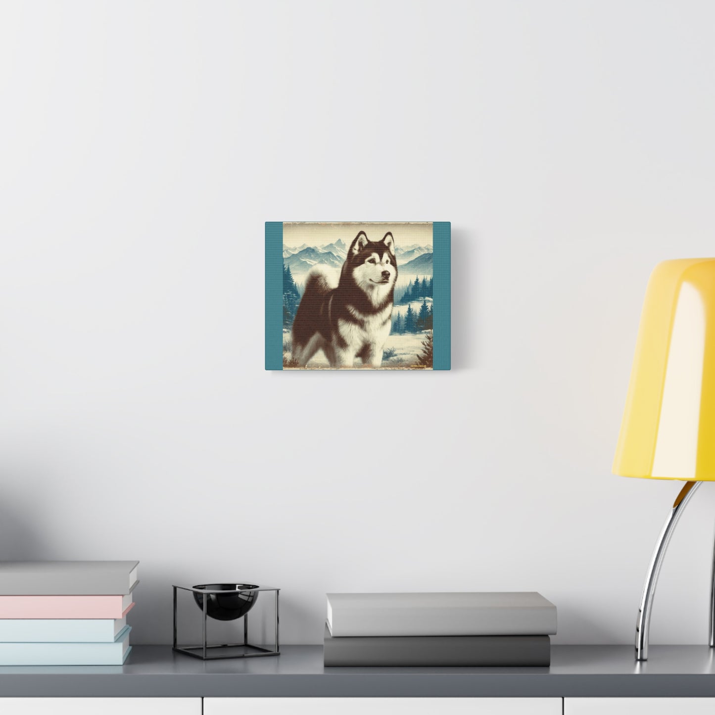 Alaskan Husky Animal Wall Art - Winter Theme on Vintage Green Canvas
