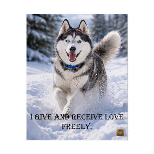 Husky Winter Poster - "I Give and Receive Love Freely" Inspirational Rolled Wall Art