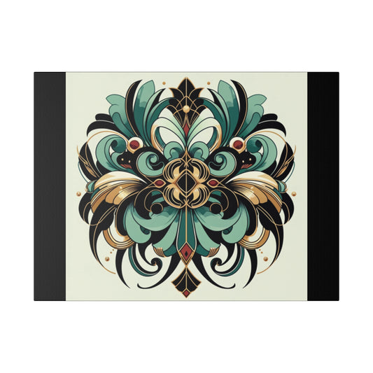 Green Black Gold Flower Art Deco Wall Art on Black Stretched Canvas