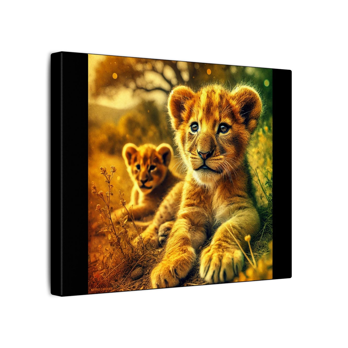 Lion Cubs Black Canvas Print| Resting Under Savanna Tree | Wildlife Wall Art | Safari Nature Animal Canvas| Nursery or Rustic Decor