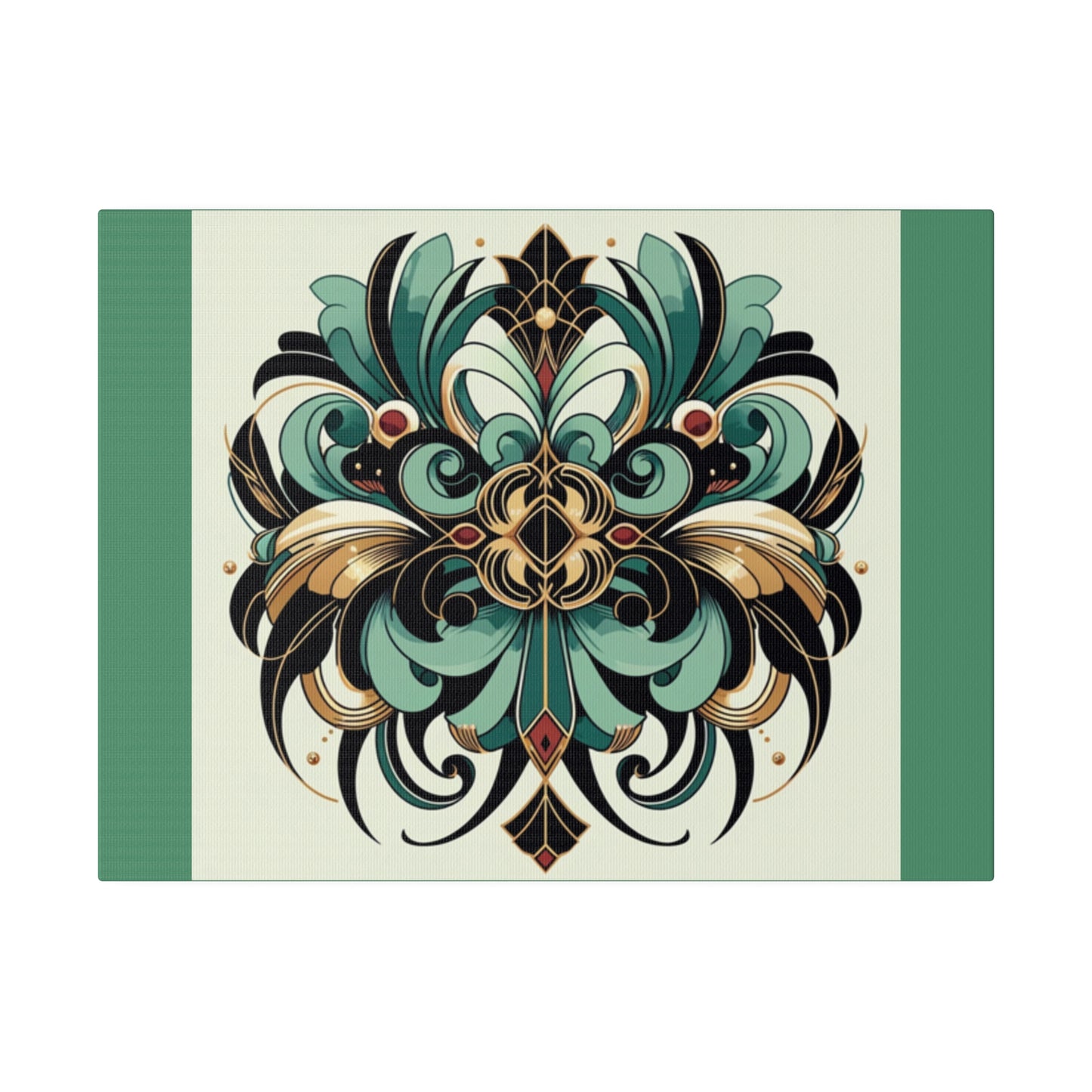 Green Black Gold Flower Art Deco Wall Art on Green Stretched Canvas