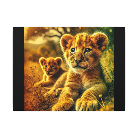 Lion Cubs Black Canvas Print| Resting Under Savanna Tree | Wildlife Wall Art | Safari Nature Animal Canvas| Nursery or Rustic Decor