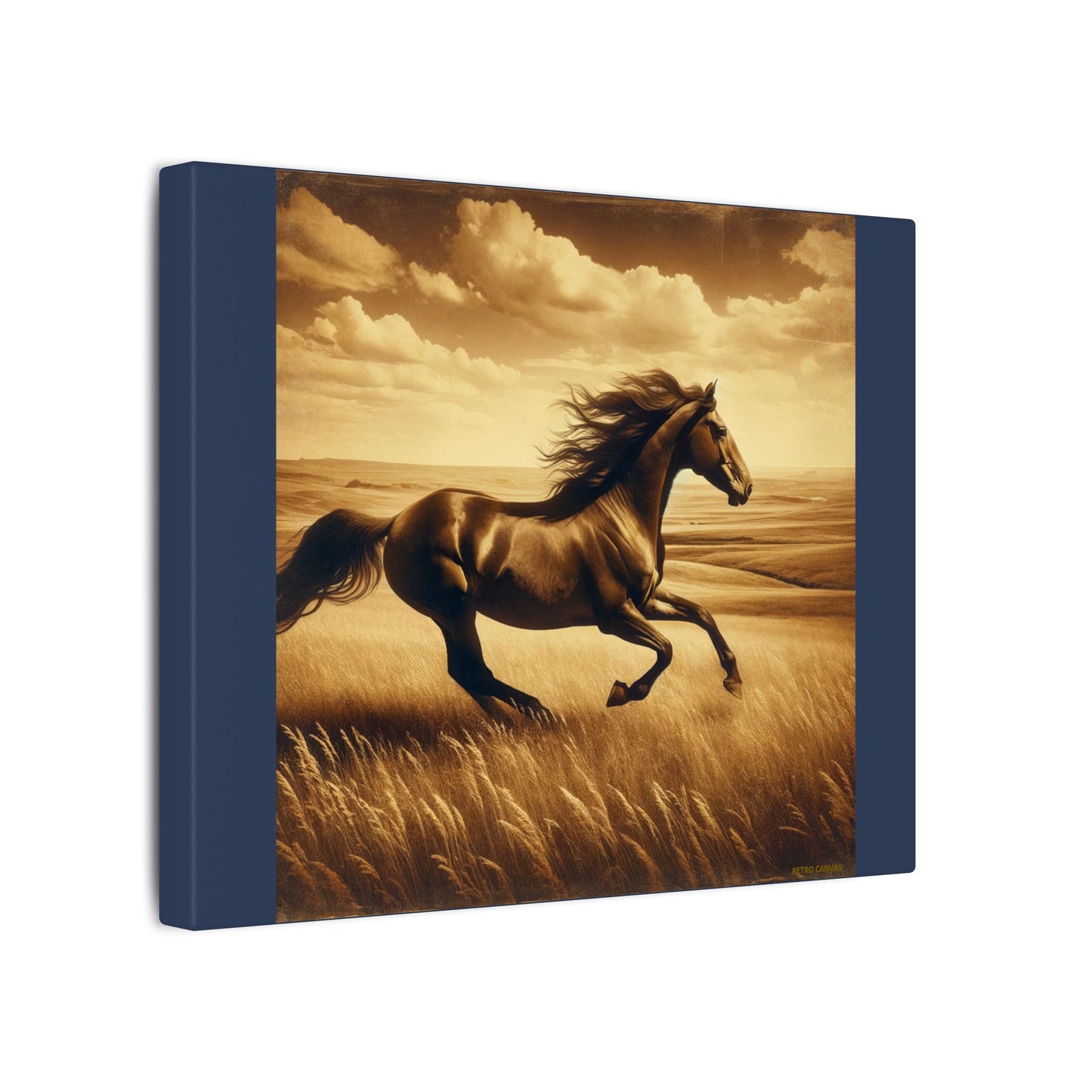 Running Horse Wall Art Horse Lovers Art |Vintage Blue Matte Stretched Canvas