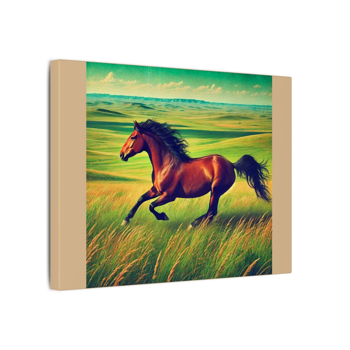 Canvas Gallery Wraps - Running Horse in Open Prairie Tan Canvas