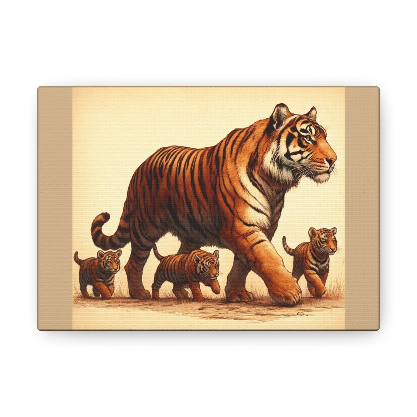 Tiger Family Animal Wall Art - Tan Canvas