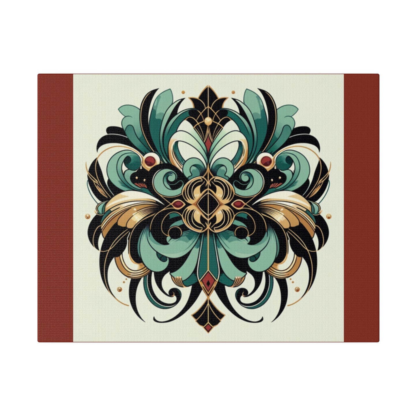 Green Black Gold Flower Art Deco Wall Art on Burnt Umber Stretched Canvas