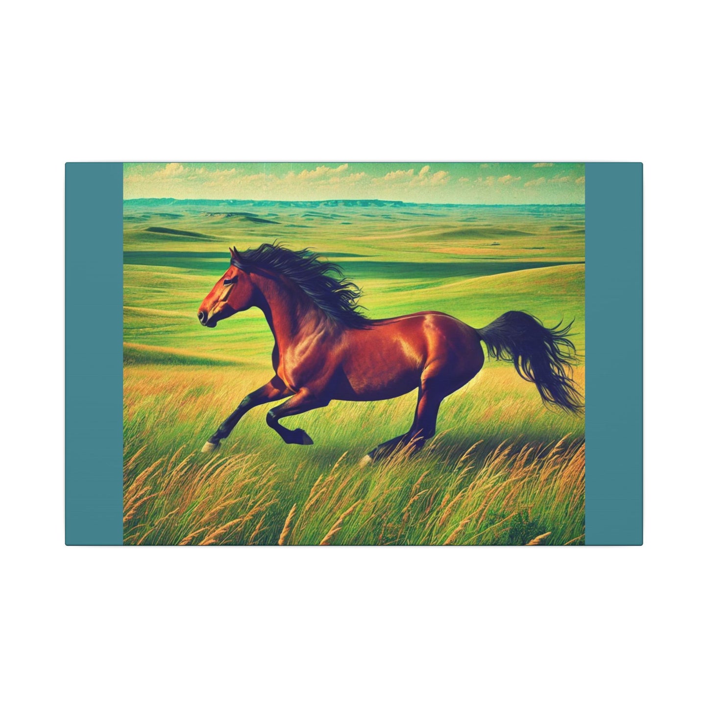 Vintage Green Canvas Gallery Wraps - Running Horse in Open Prairie