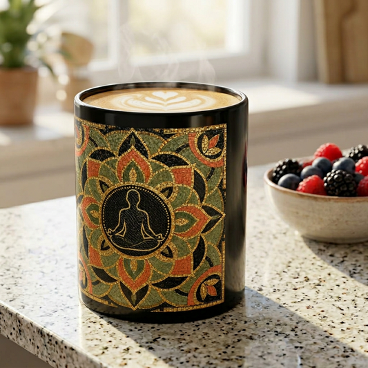 Meditation Mandala Black Mug — Yoga Lotus Pattern Coffee Cup (11oz)