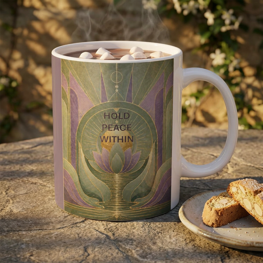 Art Nouveau Lotus Ceramic Mug — Lavender Green Geometric Floral Design (11oz)