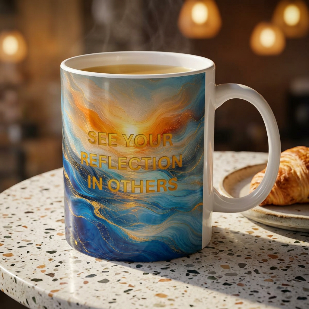 Abstract Ocean Swirls and Reflection Silhouette Mug — Blue & Gold flow Art