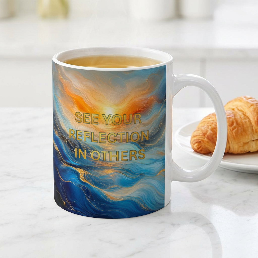 Abstract Ocean Swirls and Reflection Silhouette Mug — Blue & Gold flow Art