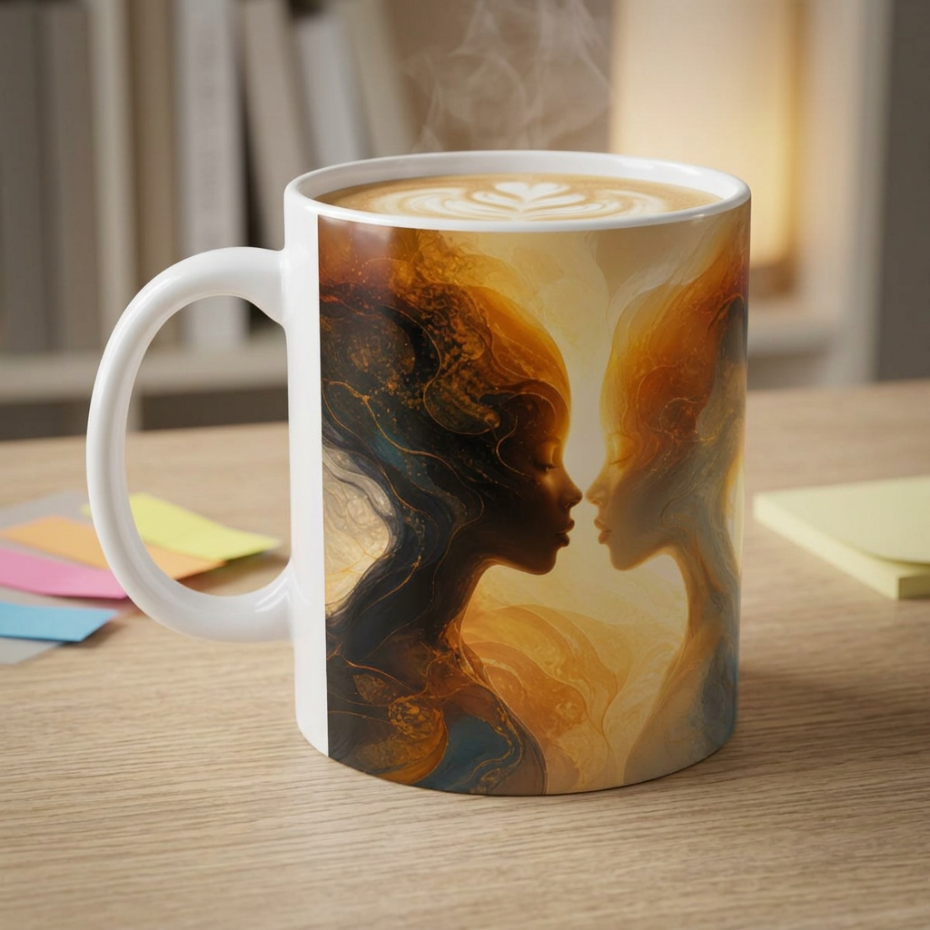 Abstract Ocean Swirls and Reflection Silhouette Mug — Blue & Gold flow Art