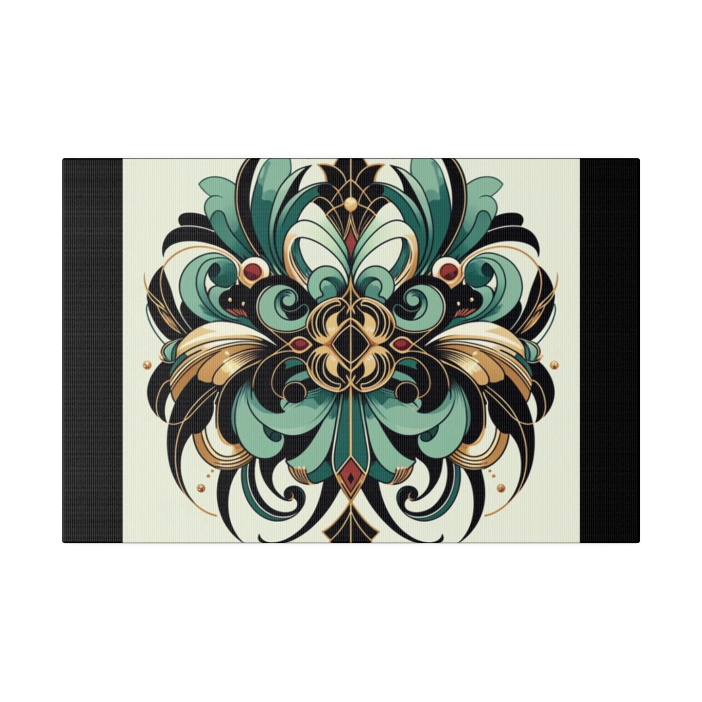 Green Black Gold Flower Art Deco Wall Art on Black Stretched Canvas