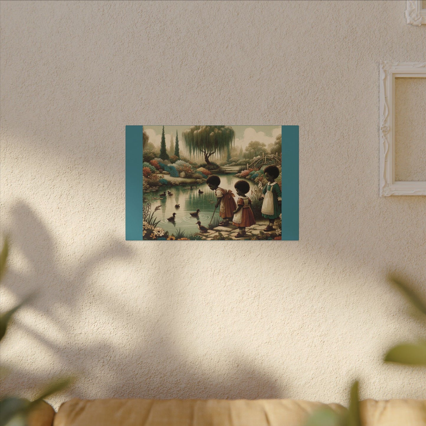 Enfants à l'étang - Toile tendue verte mate vintage