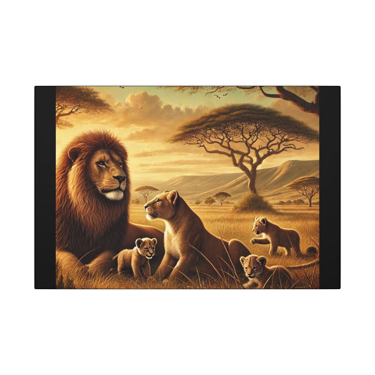 Majestic Lion Family- Black Canvas, Animal Wall Art, Nursery Idea