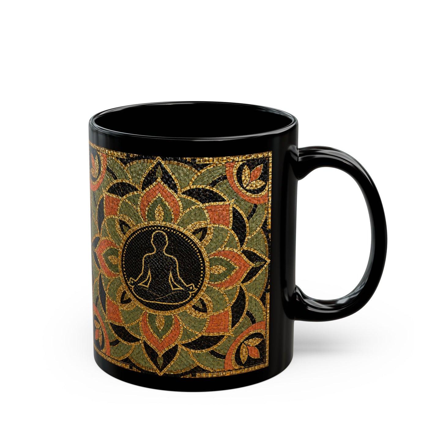 Meditation Mandala Black Mug — Yoga Lotus Pattern Coffee Cup (11oz)