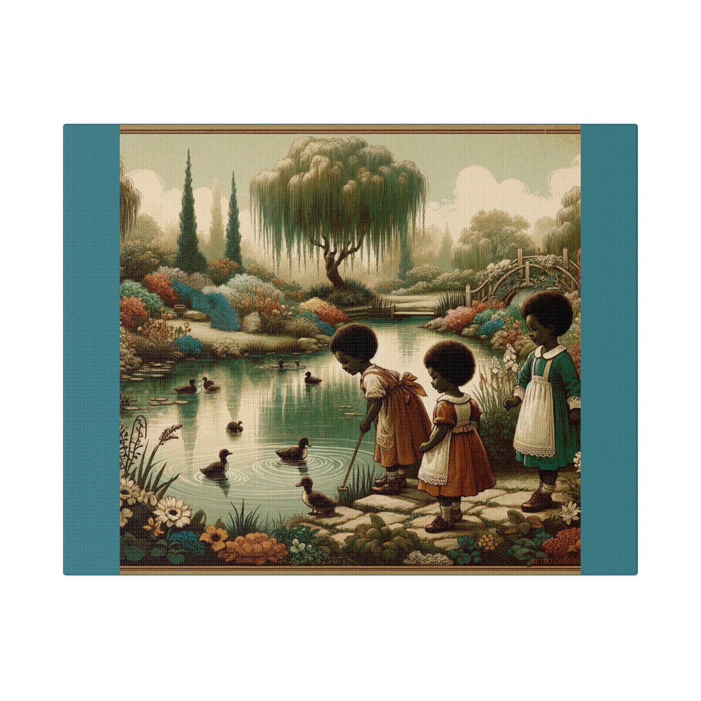 Children at the Pond - Vintage Green Matte Stretched Canvas