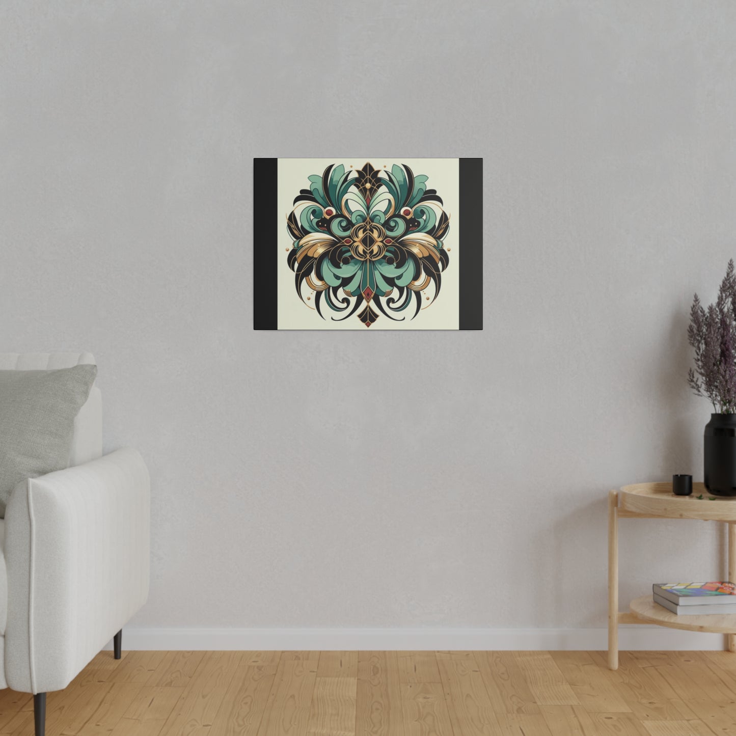 Green Black Gold Flower Art Deco Wall Art on Black Stretched Canvas