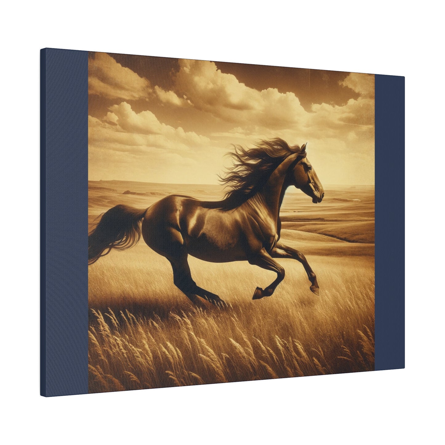 Running Horse Wall Art Horse Lovers Art |Vintage Blue Matte Stretched Canvas