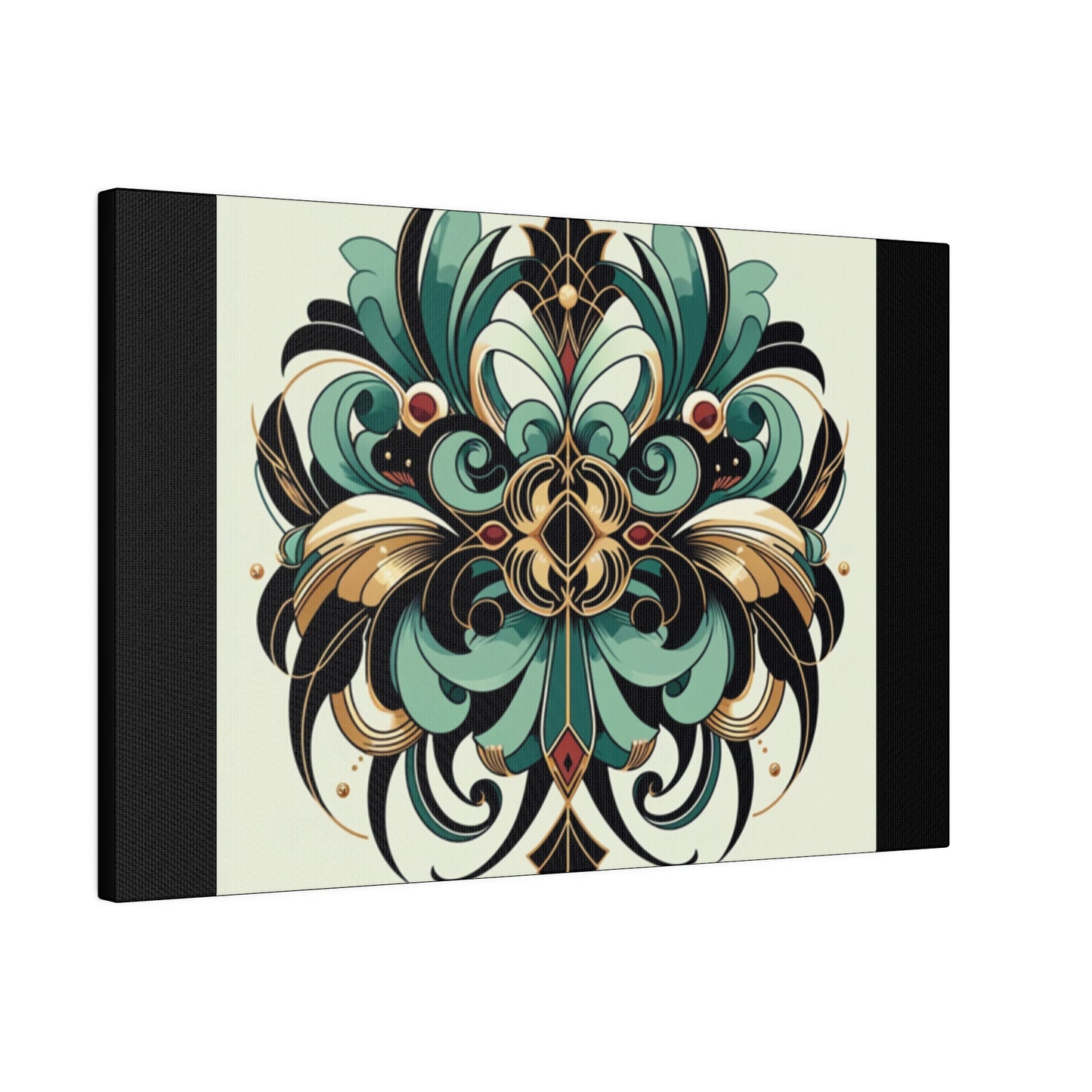 Green Black Gold Flower Art Deco Wall Art on Black Stretched Canvas