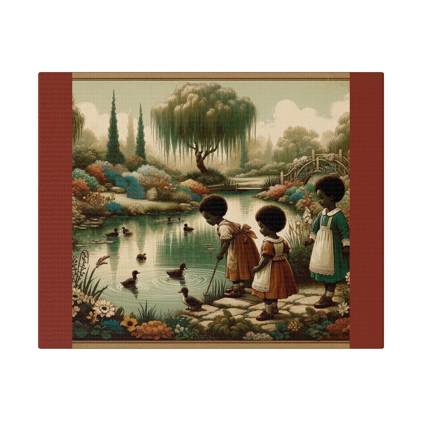 Children at the Pond - Burnt Umber Matte Stretched Canvas