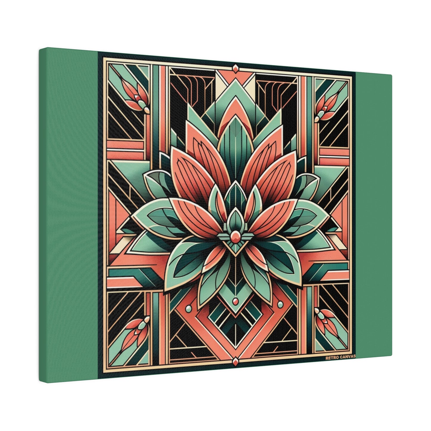 Lotus Art Deco Wall Art on Green Stretched Canvas