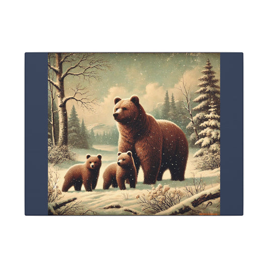 Winter Brown Bear Family- Vintage Blue Canvas, Animal Wall Art, Nursery Idea-Winter Scene