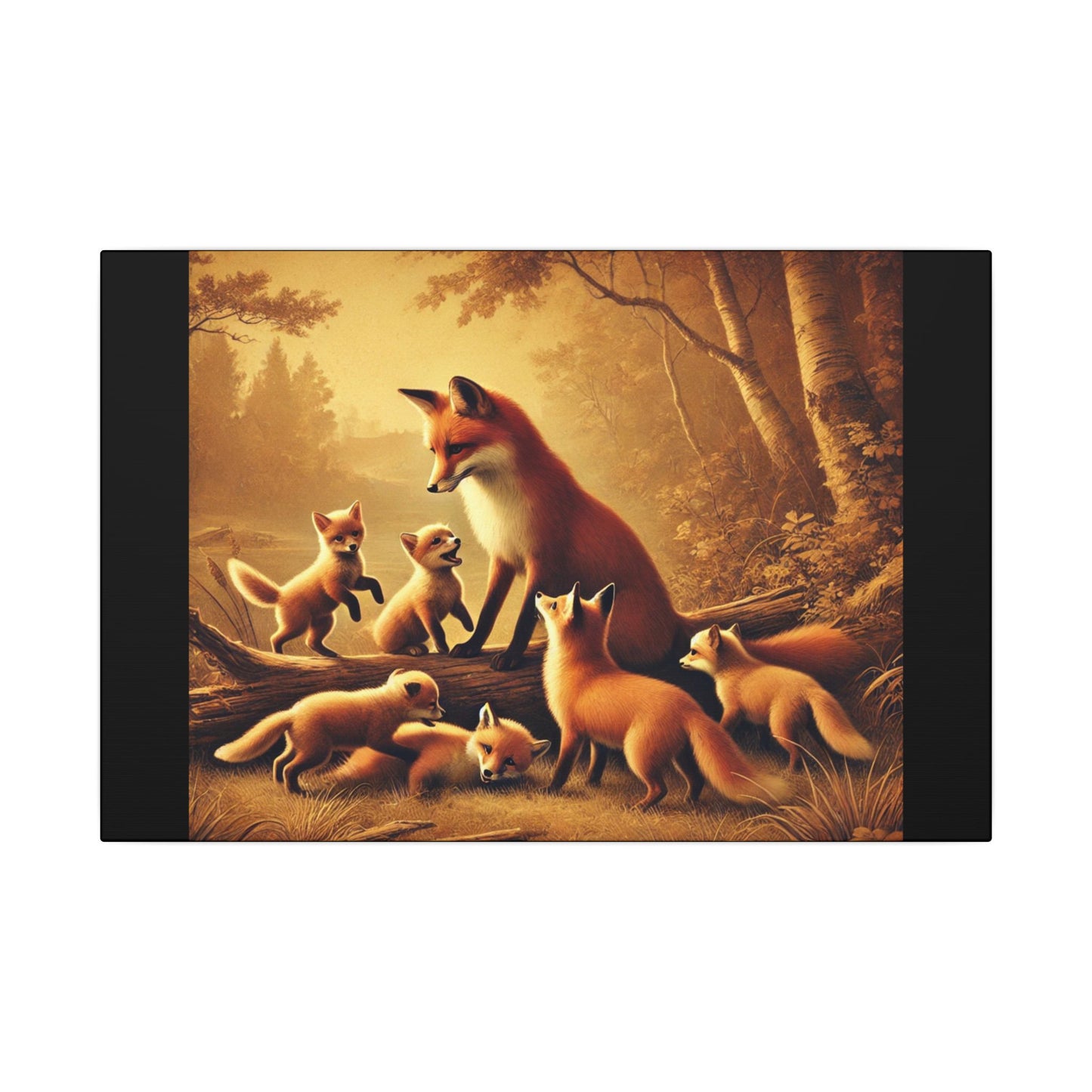 Vintage Styled Fox Family in Forest on Black Canvas