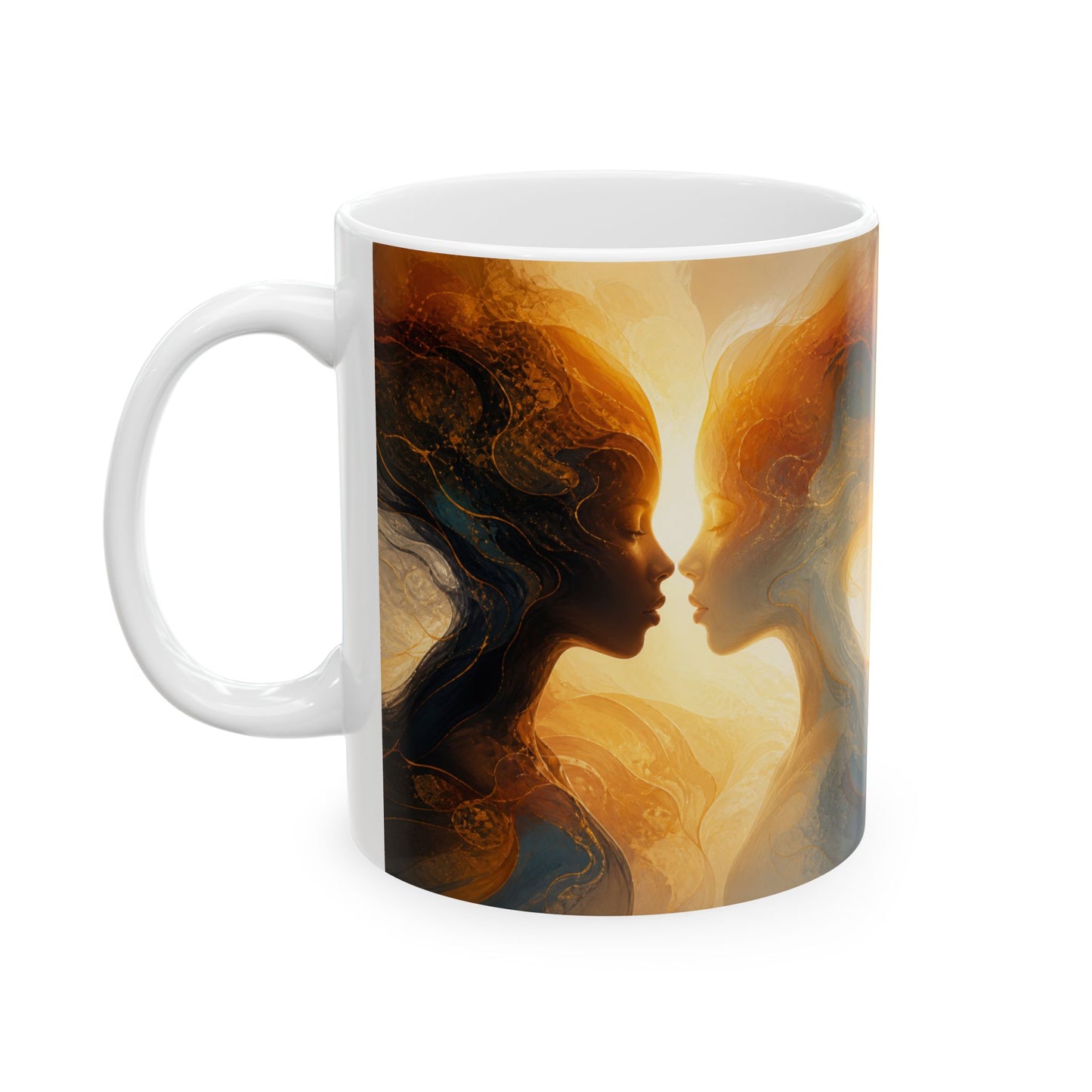 Abstract Ocean Swirls and Reflection Silhouette Mug — Blue & Gold flow Art