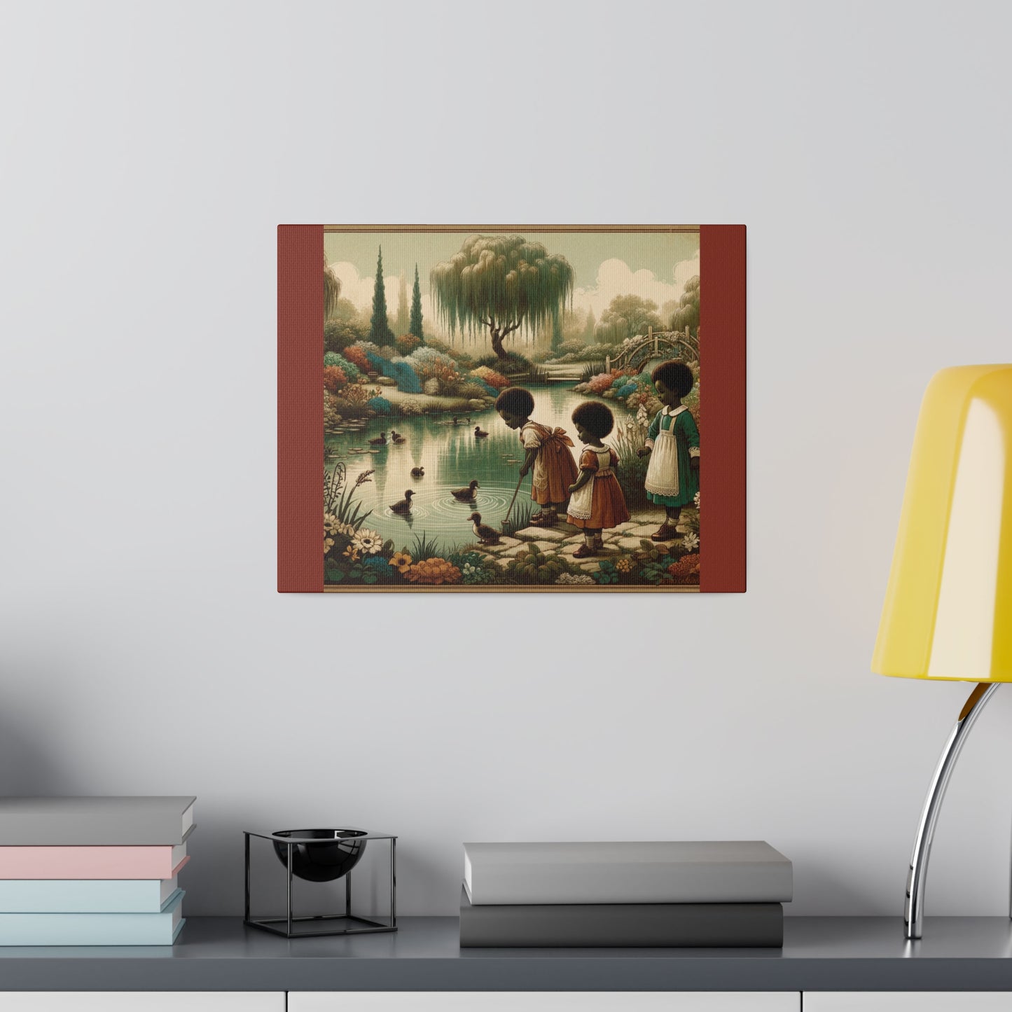 Children at the Pond - Burnt Umber Matte Stretched Canvas