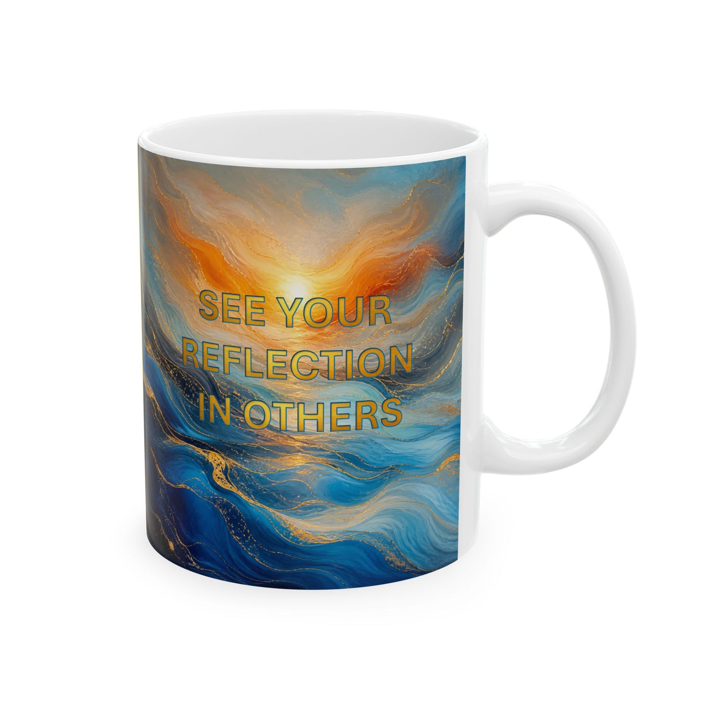 Abstract Ocean Swirls and Reflection Silhouette Mug — Blue & Gold flow Art