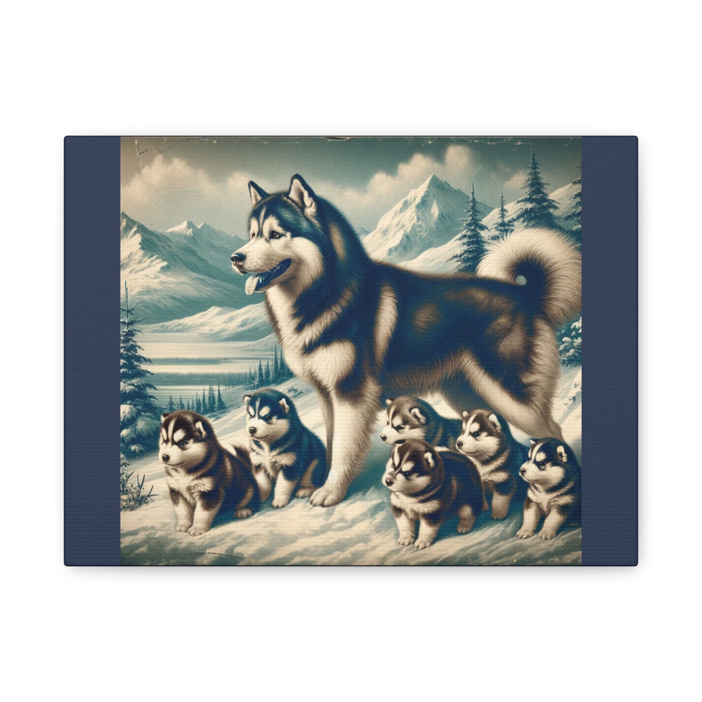 Alaskan Husky Family Animal Wall Art -Vintage Blue Canvas