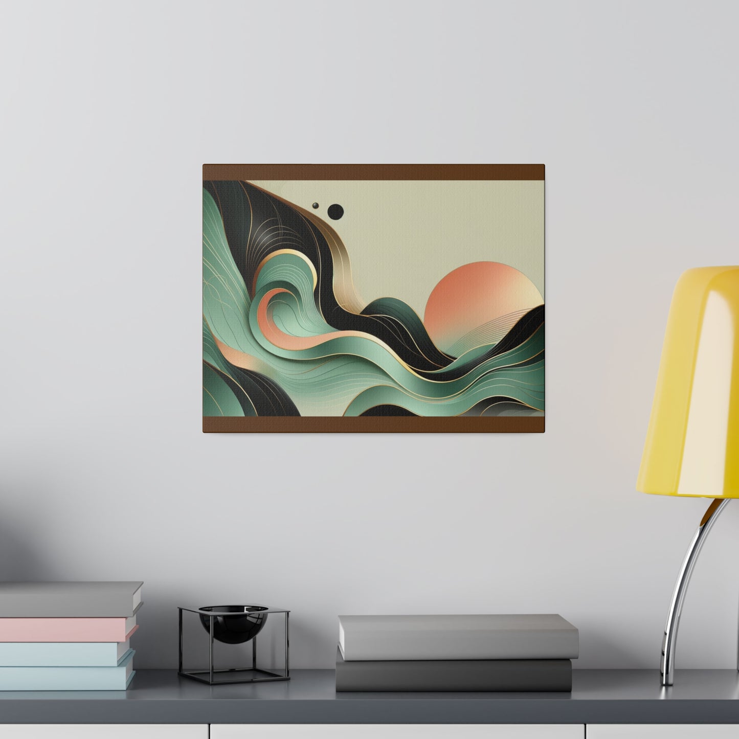 Sunrise Abstract Wall Art for Office Art for Living Room Green Black Gold Art on Brown Canvas