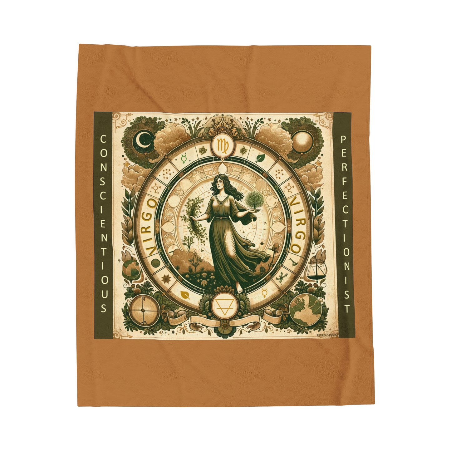 Vintage Zodiac Virgo - Lt Brown Velveteen Plush Blanket