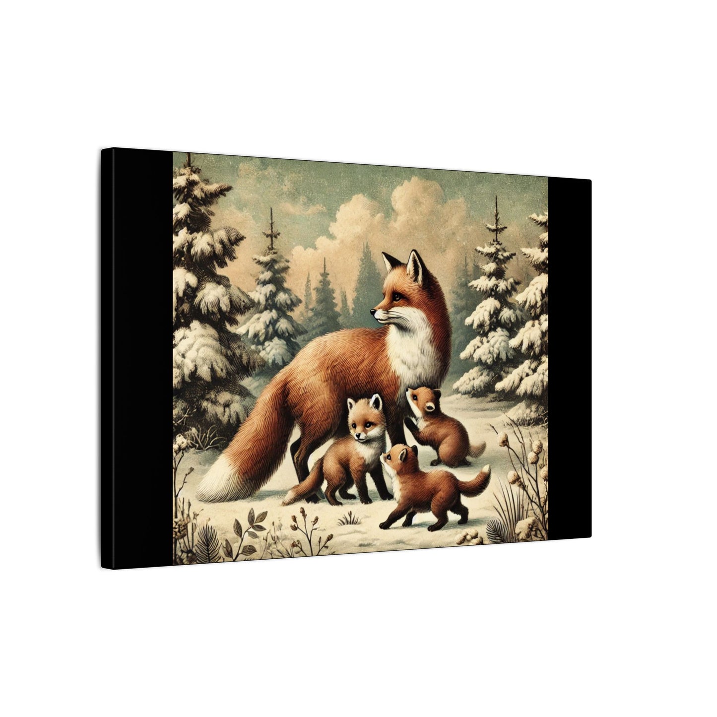 Winter Fox Family Theme- Black Canvas, Animal Wall Art, Nursery Idea