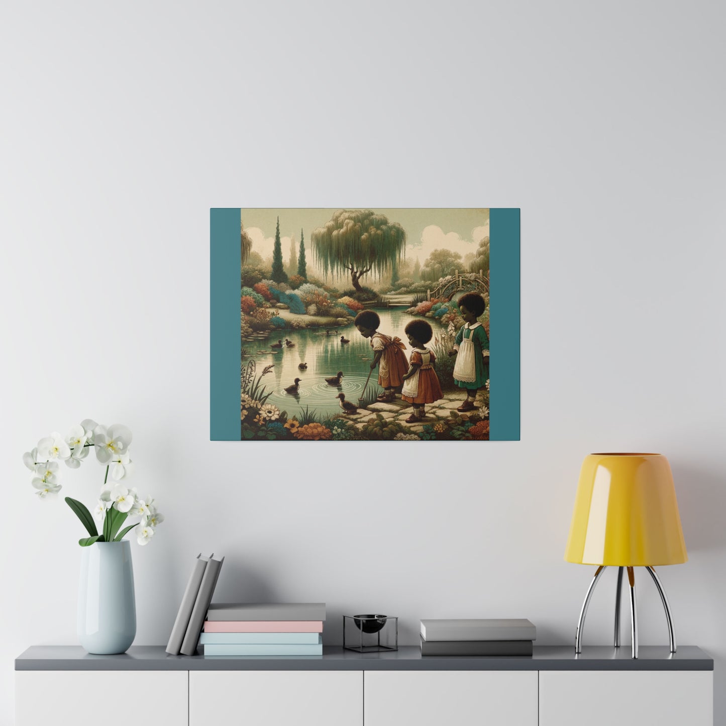 Children at the Pond - Vintage Green Matte Stretched Canvas