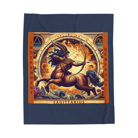 Couverture en peluche en velours bleu vintage avec signe astrologique du Sagittaire