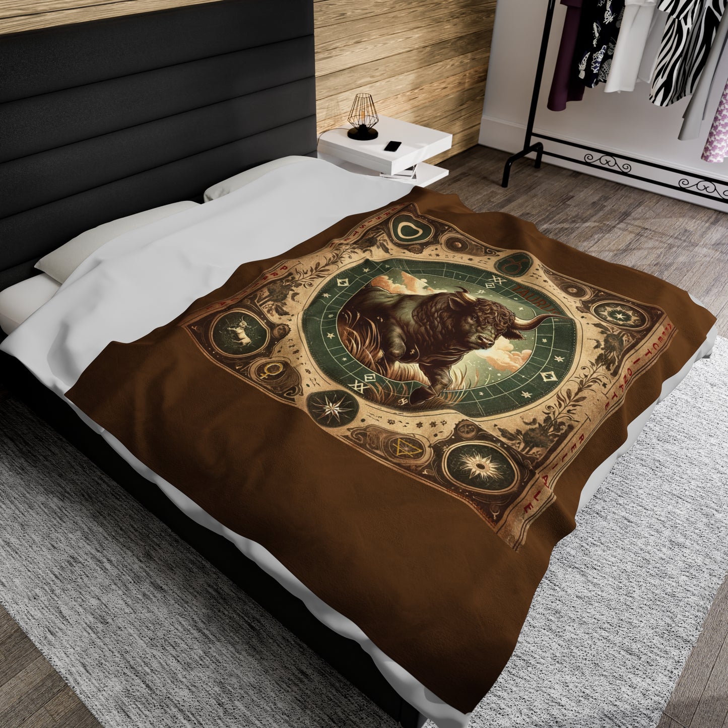 Vintage Taurus Zodiac - Brown Velveteen Plush Blanket