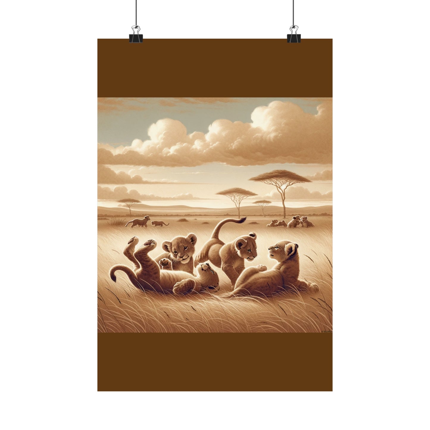 Lion Cubs Safari Animal Wall Art - Brown Matte Poster