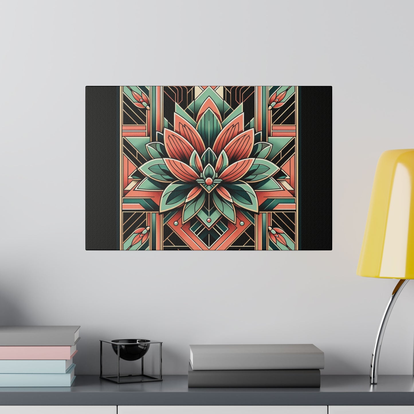 Lotus Art Deco Wall Art on Black Stretched Canvas