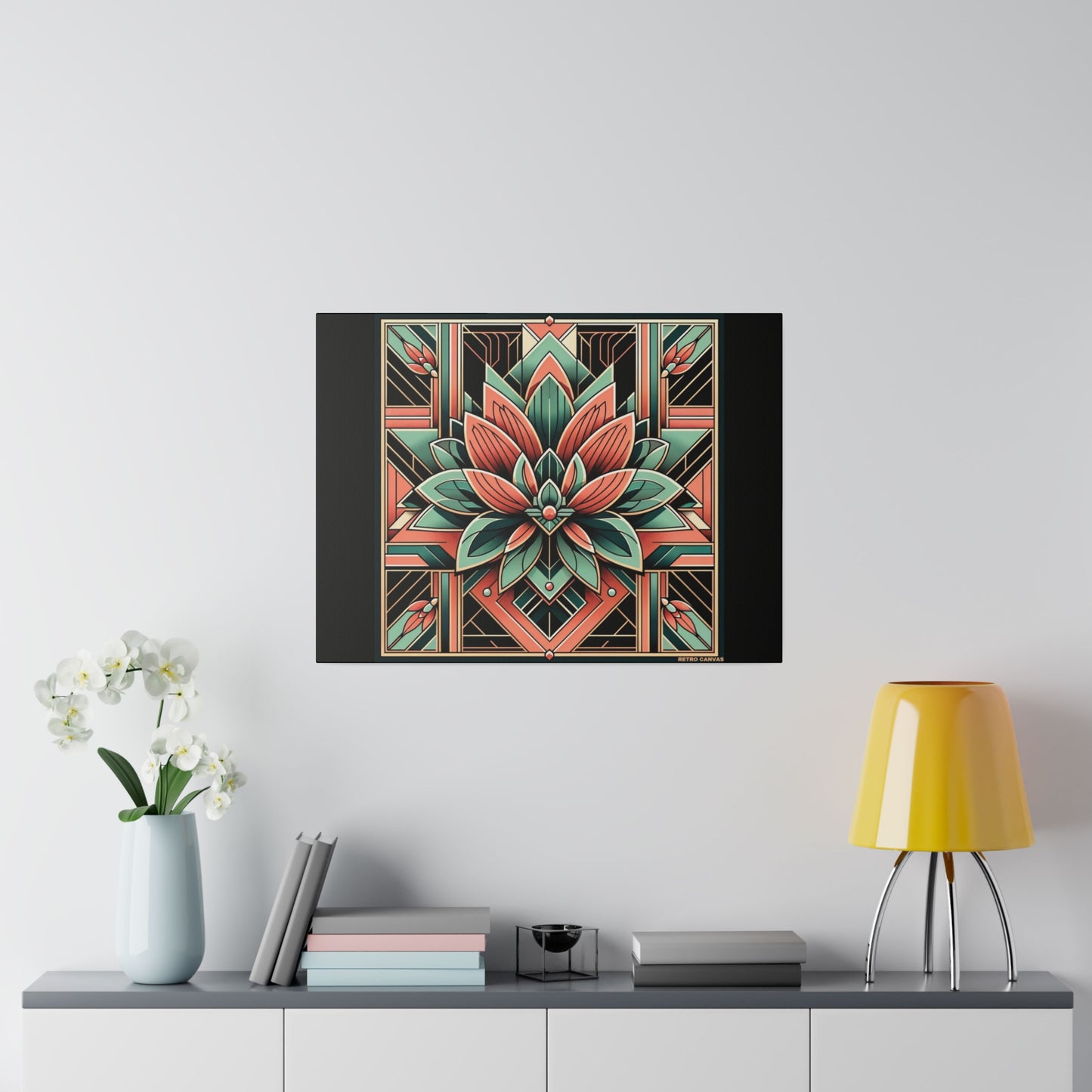 Lotus Art Deco Wall Art on Black Stretched Canvas