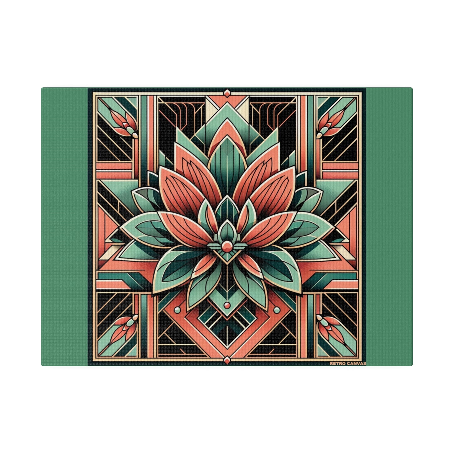 Lotus Art Deco Wall Art on Green Stretched Canvas