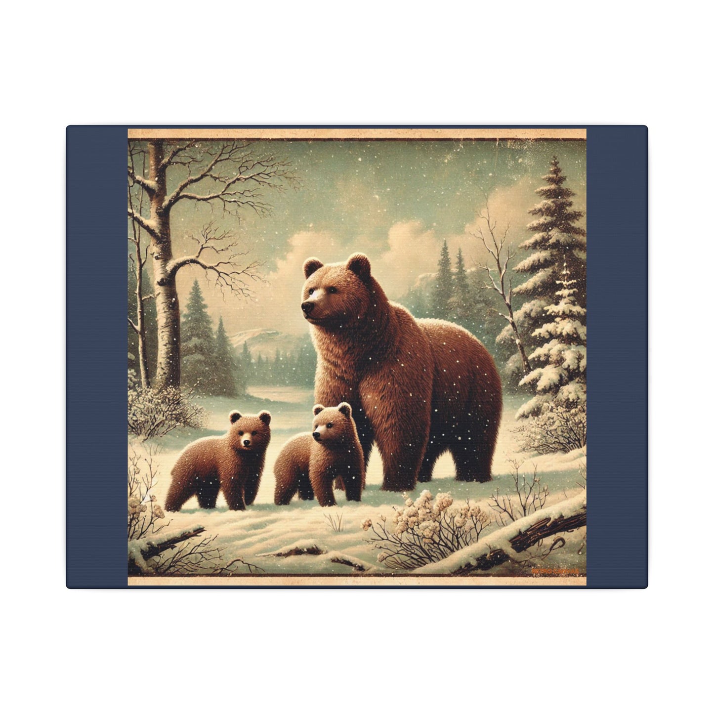 Winter Brown Bear Family- Vintage Blue Canvas, Animal Wall Art, Nursery Idea-Winter Scene