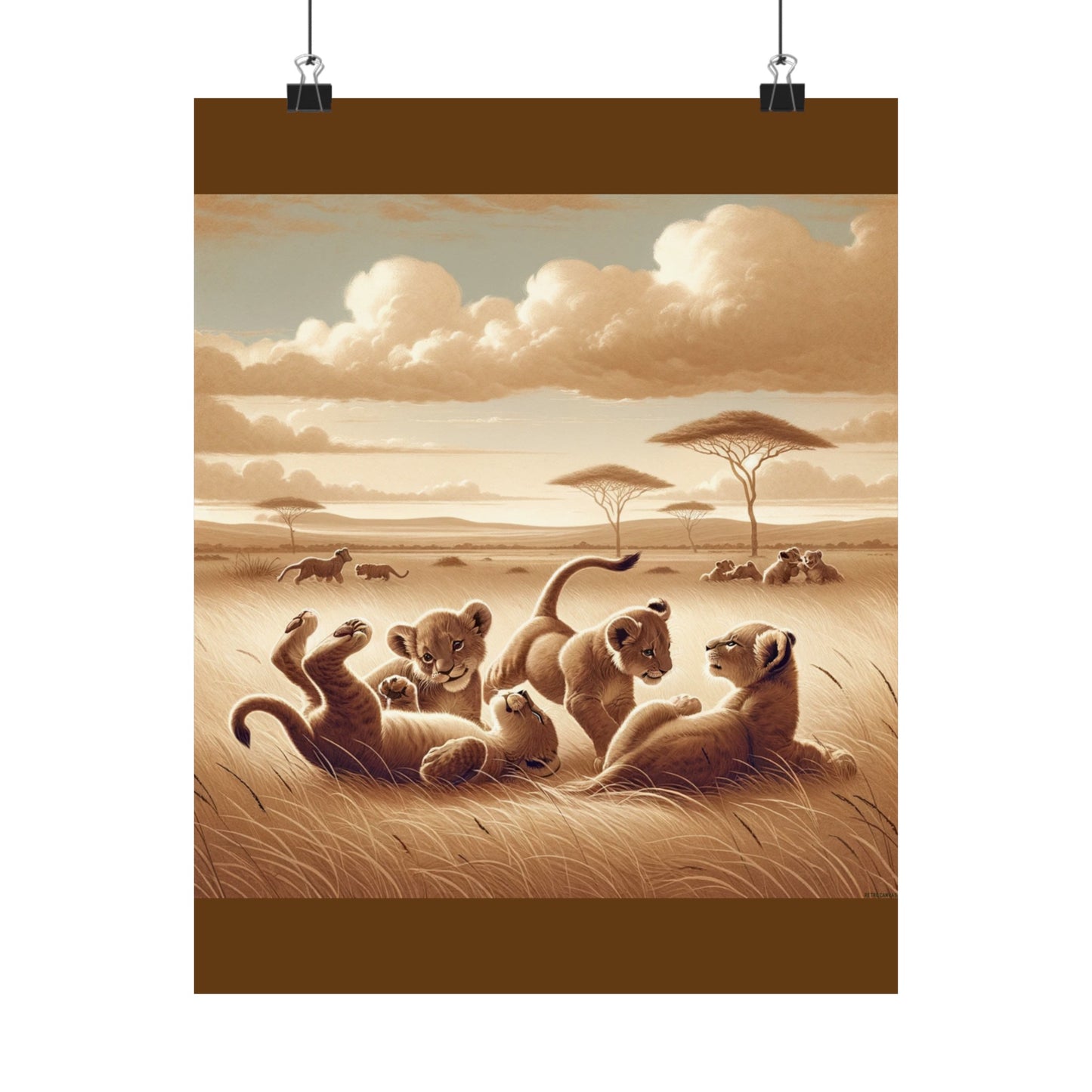 Lion Cubs Safari Animal Wall Art - Brown Matte Poster