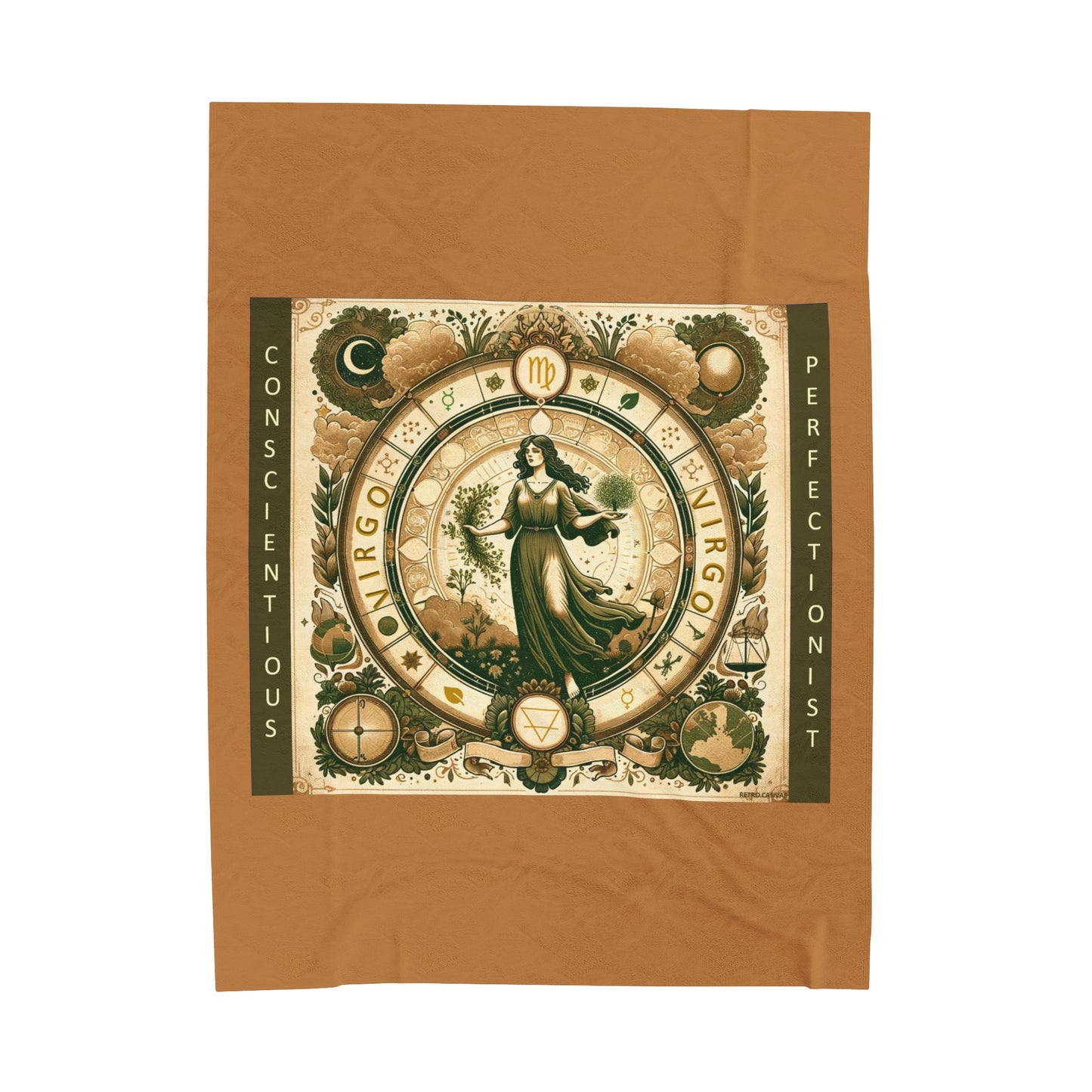 Vintage Zodiac Virgo - Lt Brown Velveteen Plush Blanket