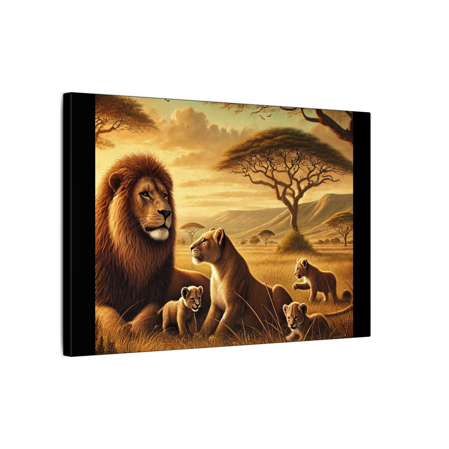 Majestic Lion Family- Black Canvas, Animal Wall Art, Nursery Idea