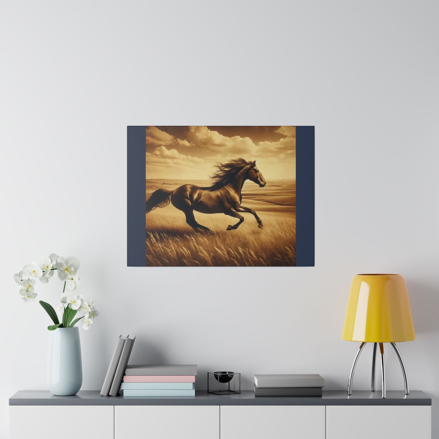 Running Horse Wall Art Horse Lovers Art |Vintage Blue Matte Stretched Canvas